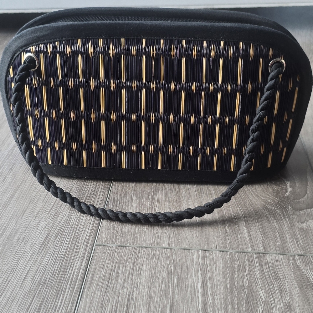 Woven Straw Clutch Boho Bag Black Tan Bamboo Style Summer Beach Purse - Picture 2 of 8